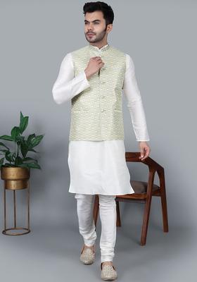 Cream Solid Silk Blend Kurta Set For Men