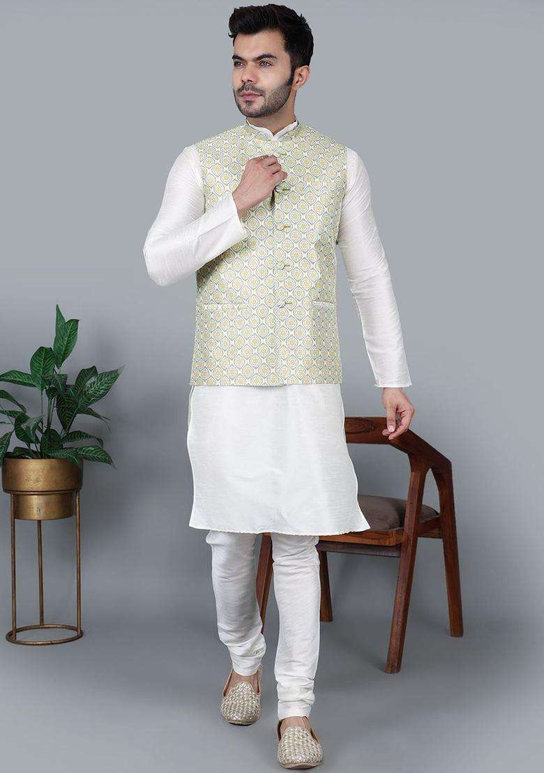 Cream Solid Silk Blend Kurta Set For Men - Indya