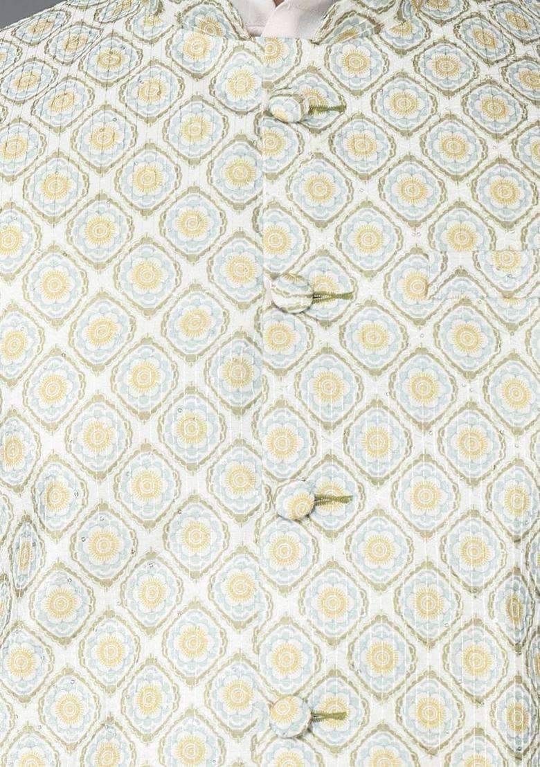 Cream Solid Silk Blend Kurta Set For Men - Indya