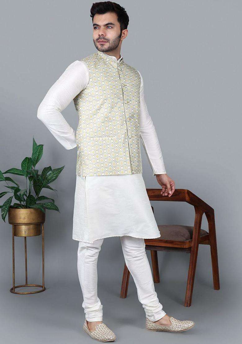 Cream Solid Silk Blend Kurta Set For Men - Indya