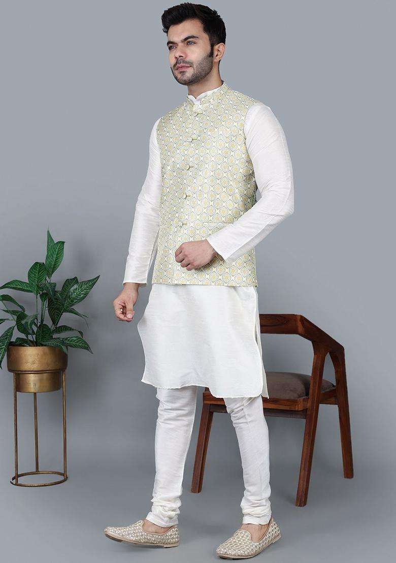 Cream Solid Silk Blend Kurta Set For Men - Indya