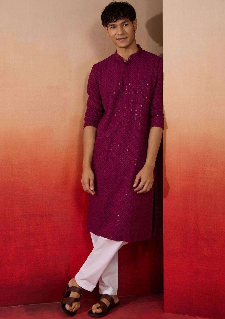 Purple Embroidered Viscose Kurta Set For Men - Indya