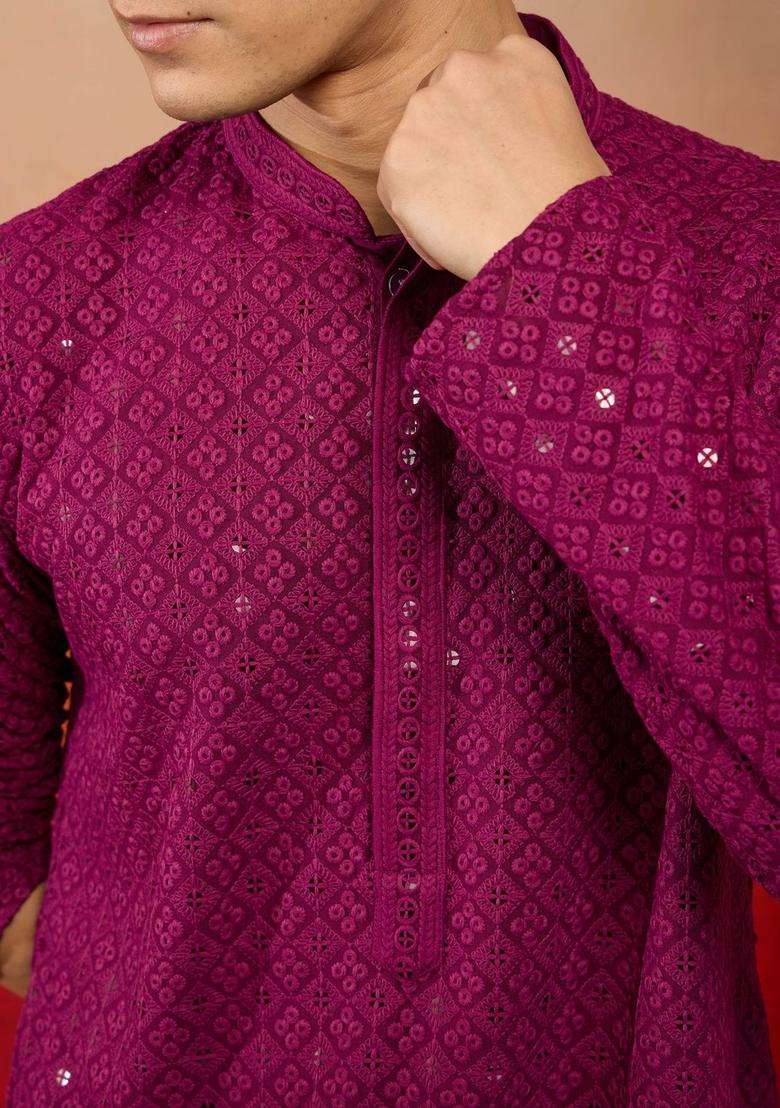 Purple Embroidered Viscose Kurta Set For Men - Indya