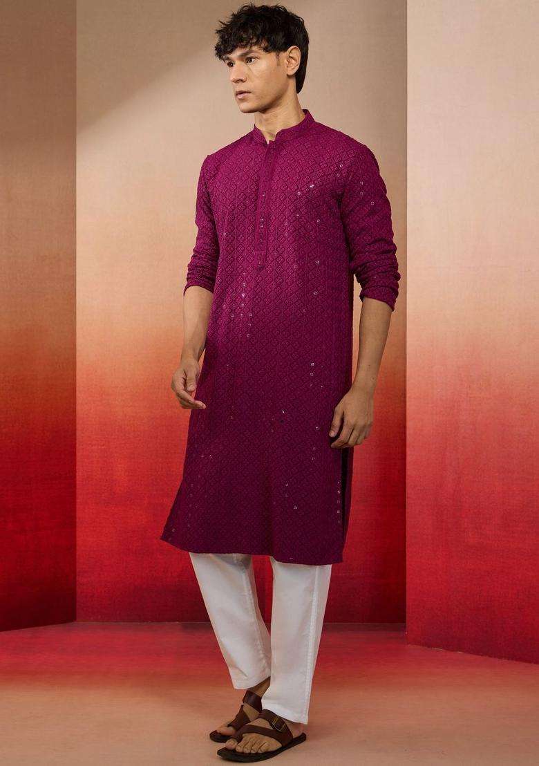 Purple Embroidered Viscose Kurta Set For Men - Indya