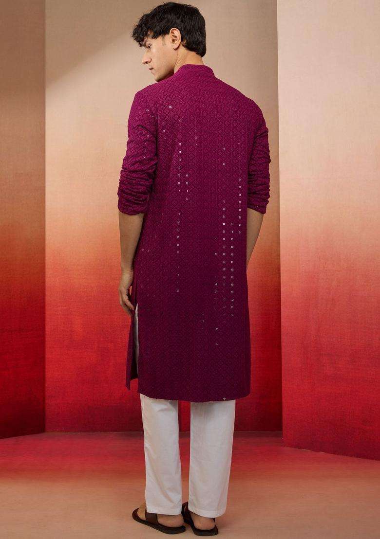 Purple Embroidered Viscose Kurta Set For Men - Indya