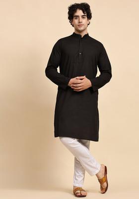 Black Solid Cotton Kurta Set For Men