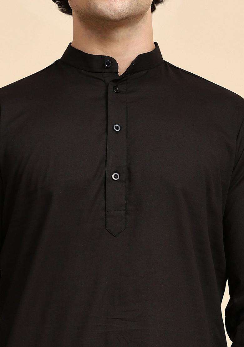Black Solid Cotton Kurta Set For Men - Indya