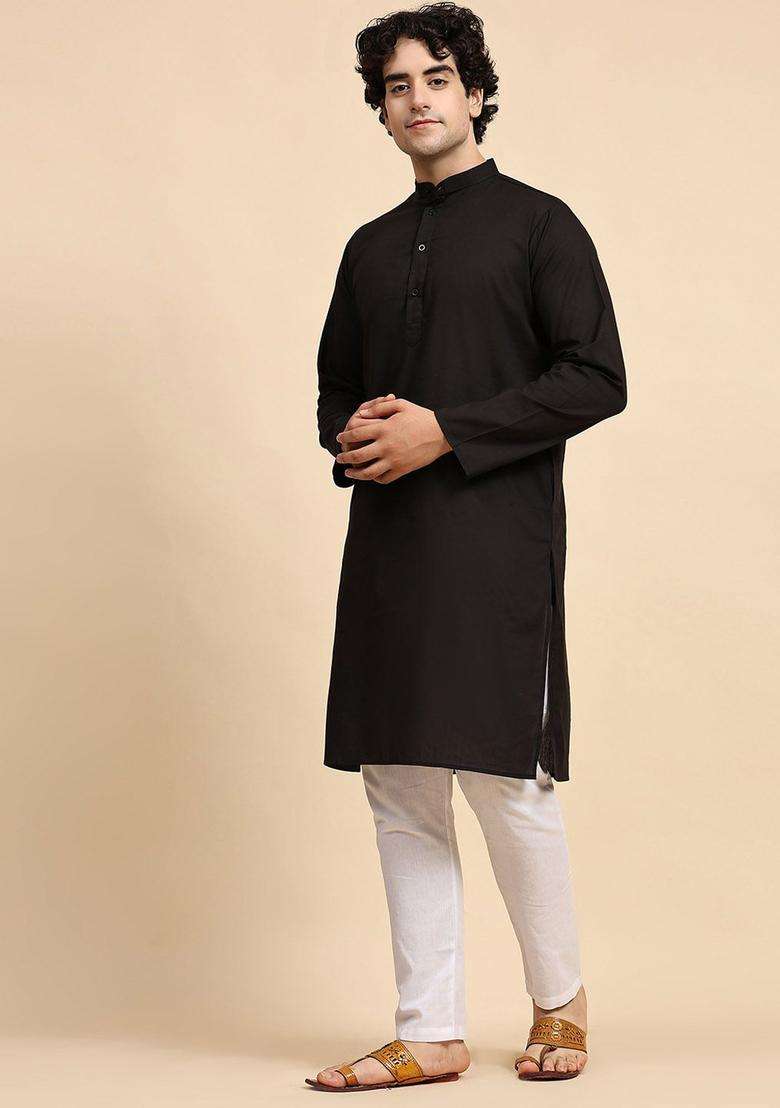 Black Solid Cotton Kurta Set For Men - Indya