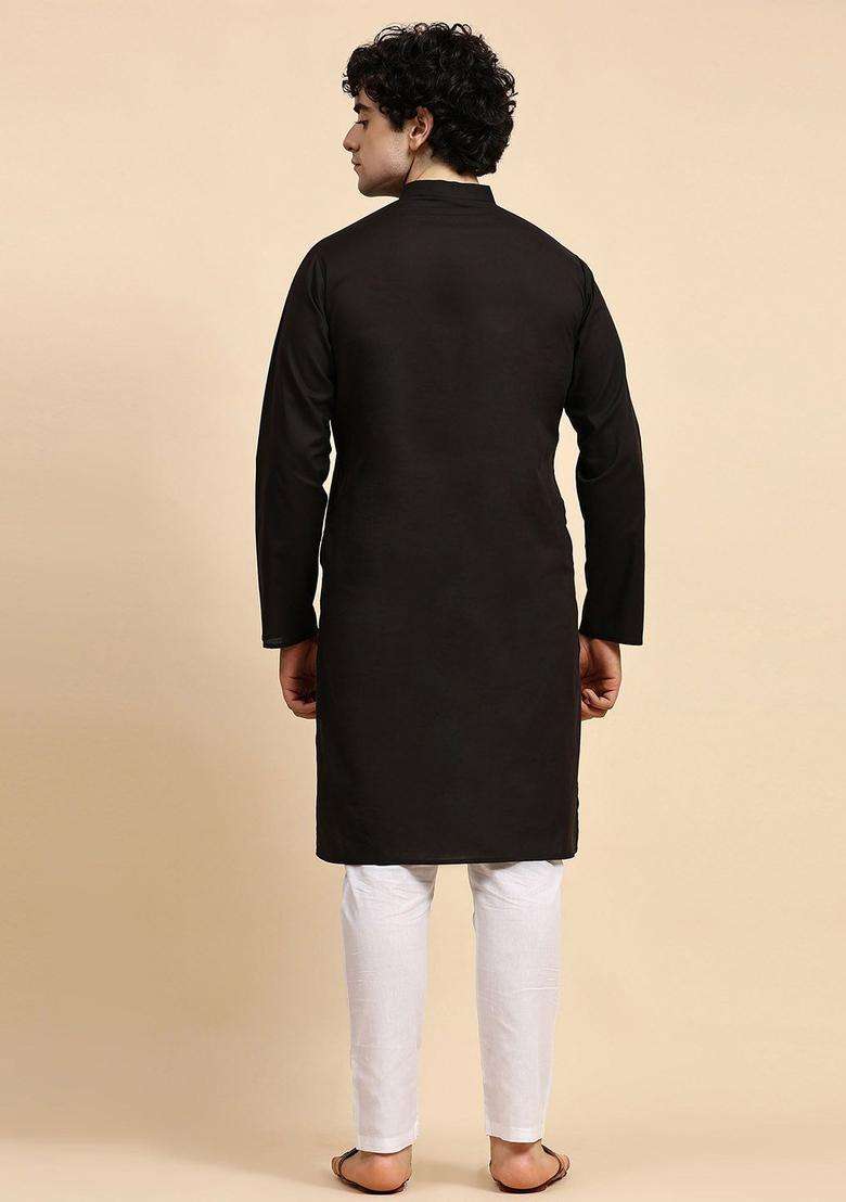 Black Solid Cotton Kurta Set For Men - Indya