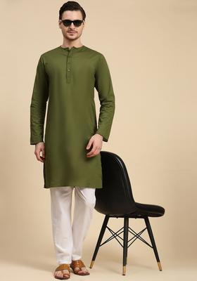Olive Solid Cotton Kurta Set For Men