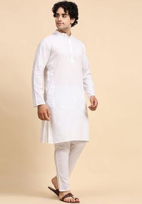 White Solid Cotton Kurta Set For Men