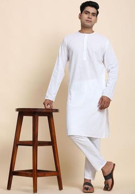 White Solid Cotton Kurta Set For Men