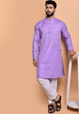 Lavender Solid Cotton Kurta Set For Men