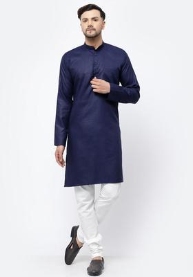 Navy Blue Solid Cotton Kurta Set For Men