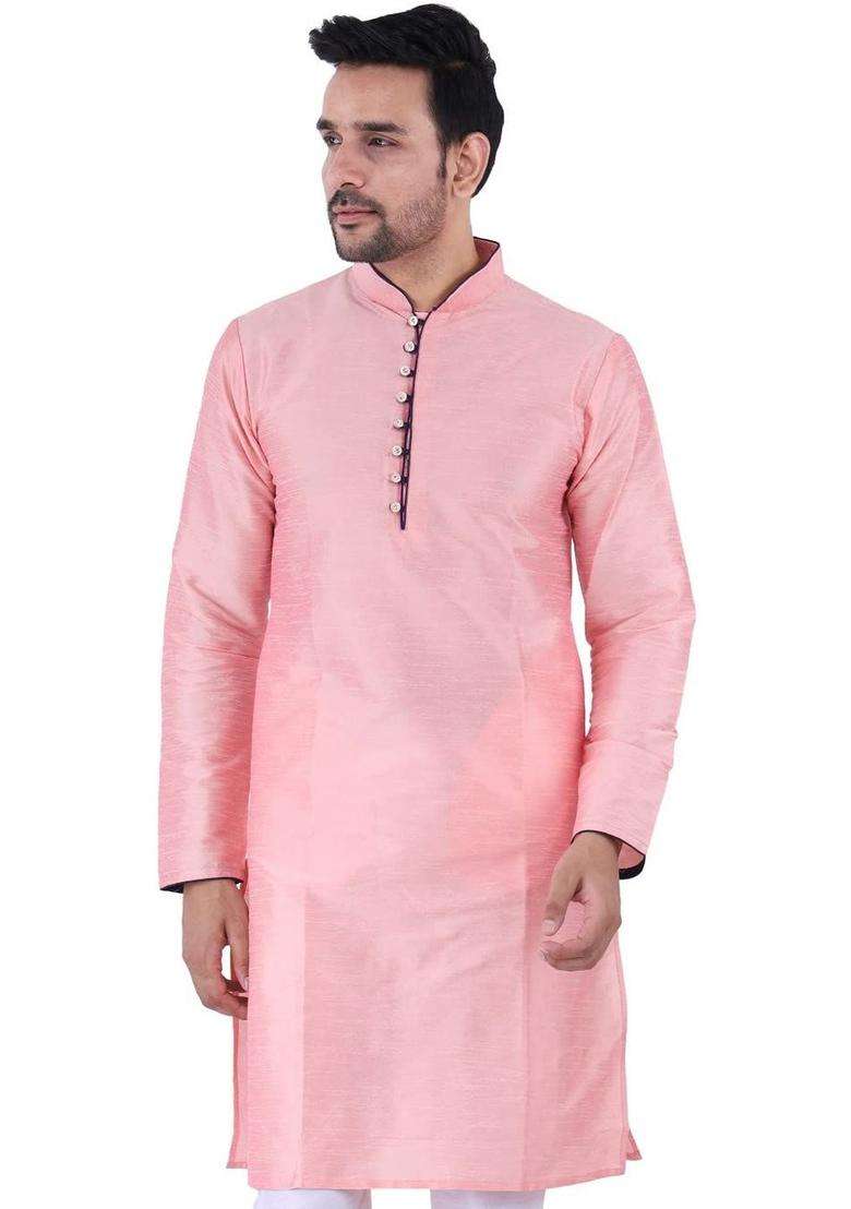 Pink Solid Silk Blend Kurta Set For Men - Indya