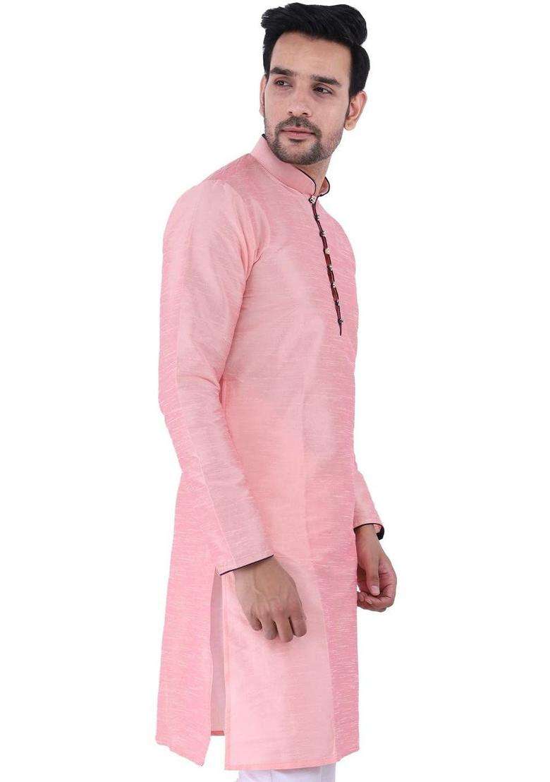 Pink Solid Silk Blend Kurta Set For Men - Indya
