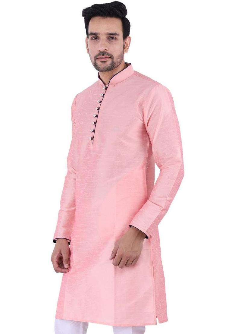 Pink Solid Silk Blend Kurta Set For Men - Indya