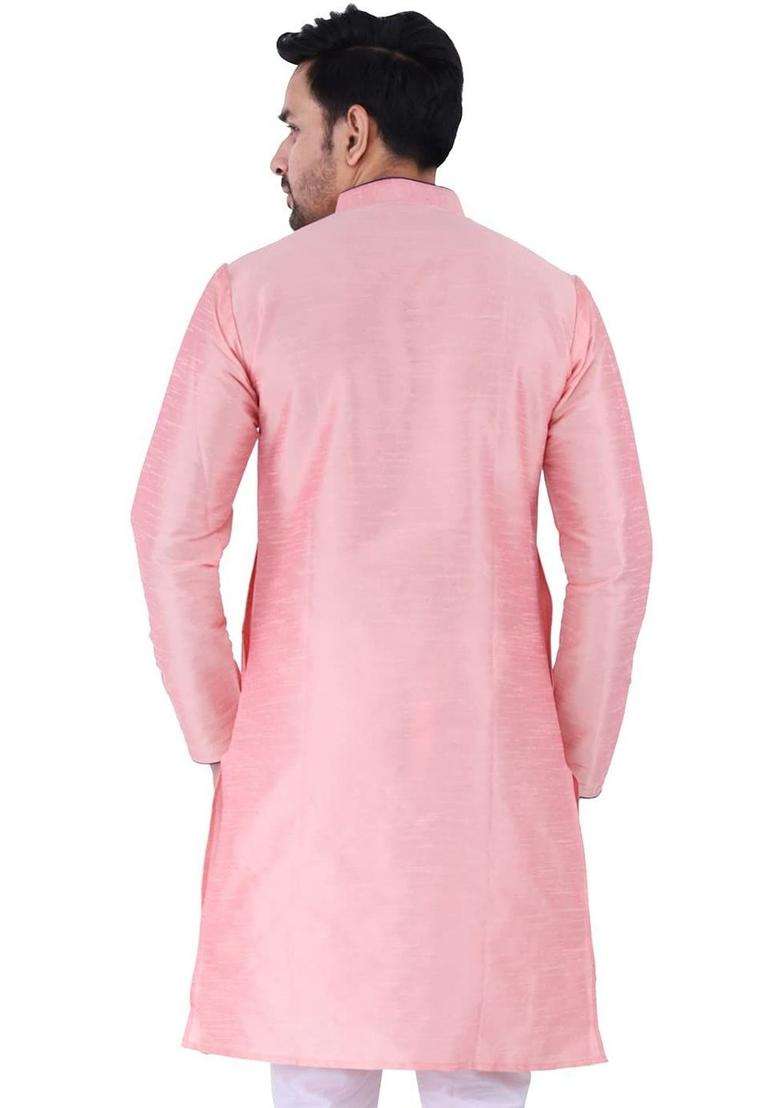 Pink Solid Silk Blend Kurta Set For Men - Indya