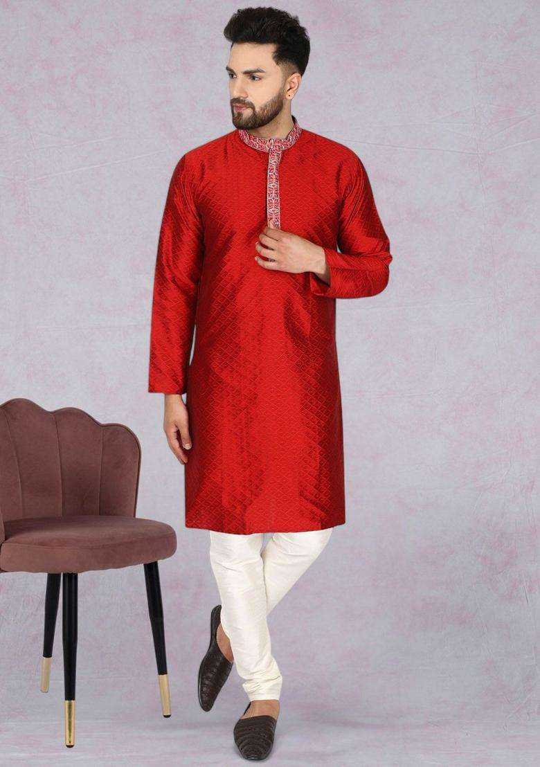 Red Woven Design Silk Kurta Set For Men - Indya