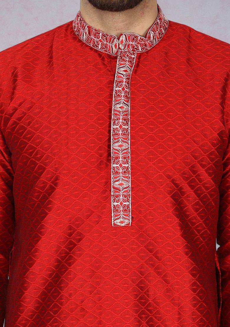 Red Woven Design Silk Kurta Set For Men - Indya