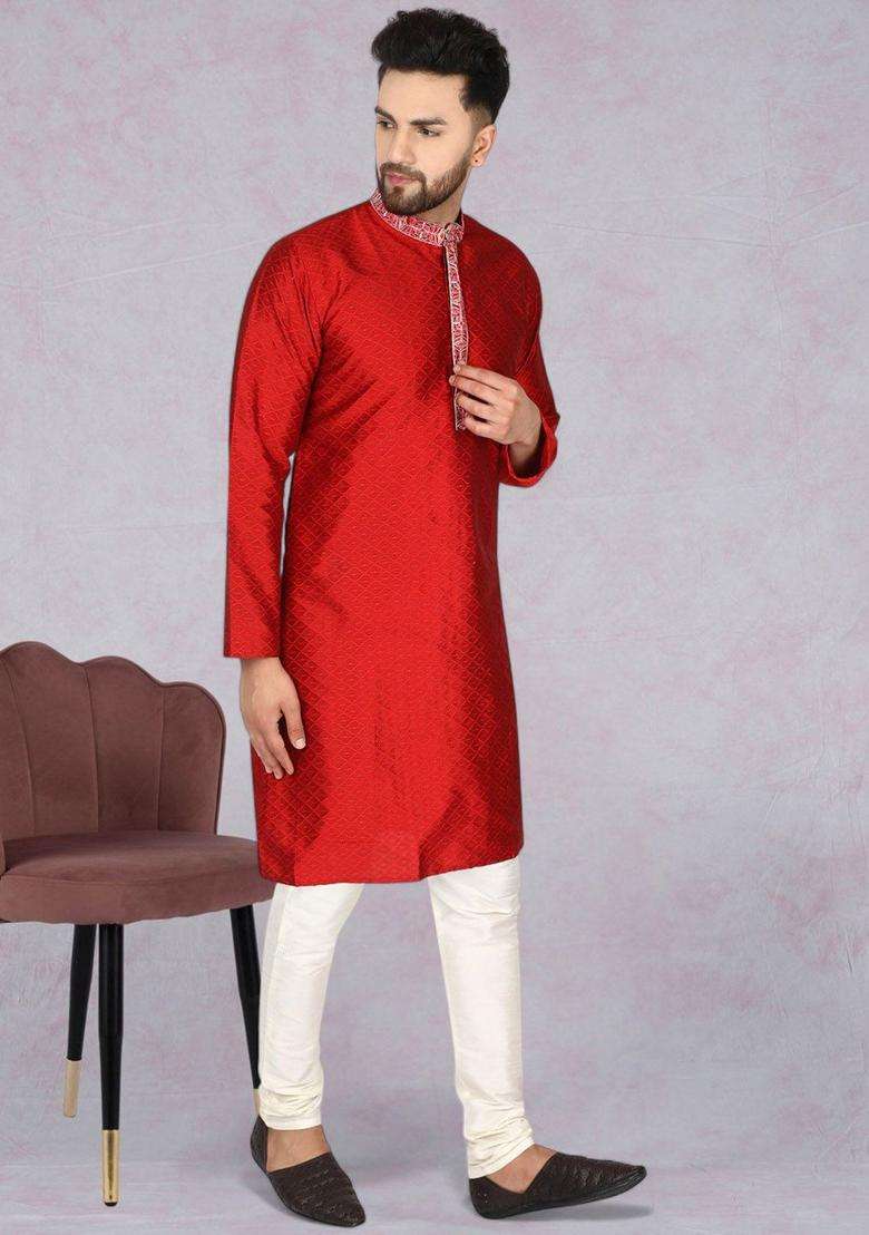 Red Woven Design Silk Kurta Set For Men - Indya