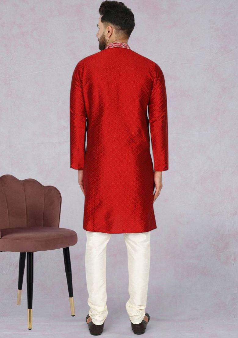 Red Woven Design Silk Kurta Set For Men - Indya