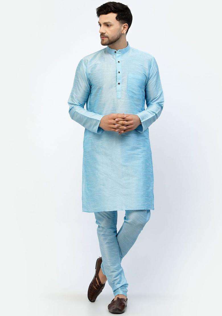 Blue Solid Silk Blend Kurta Set For Men - Indya