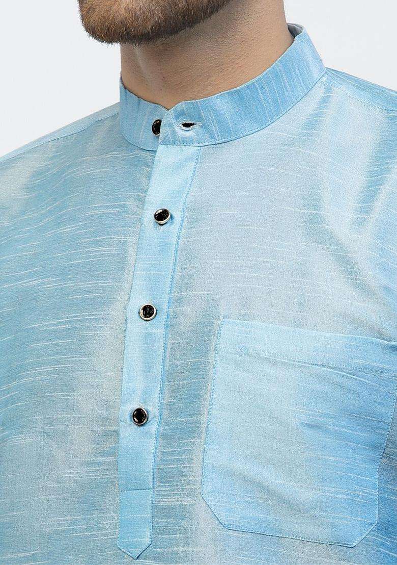 Blue Solid Silk Blend Kurta Set For Men - Indya