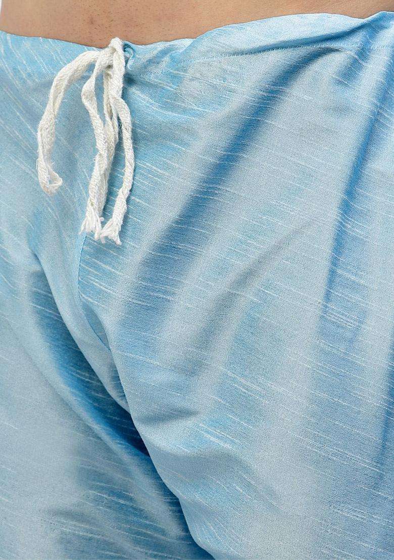 Blue Solid Silk Blend Kurta Set For Men - Indya
