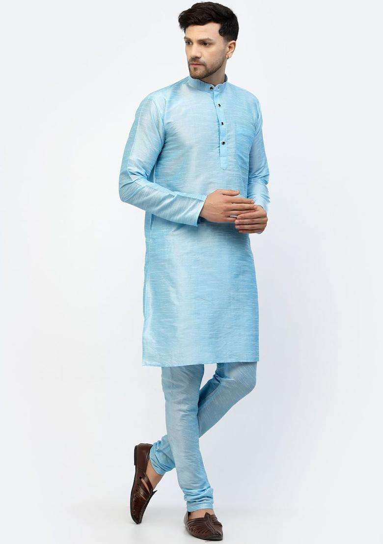 Blue Solid Silk Blend Kurta Set For Men - Indya