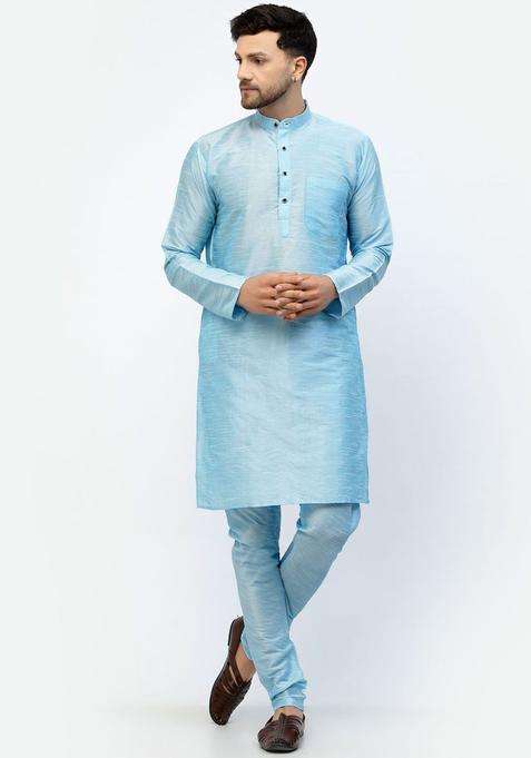 Blue Solid Silk Blend Kurta Set For Men