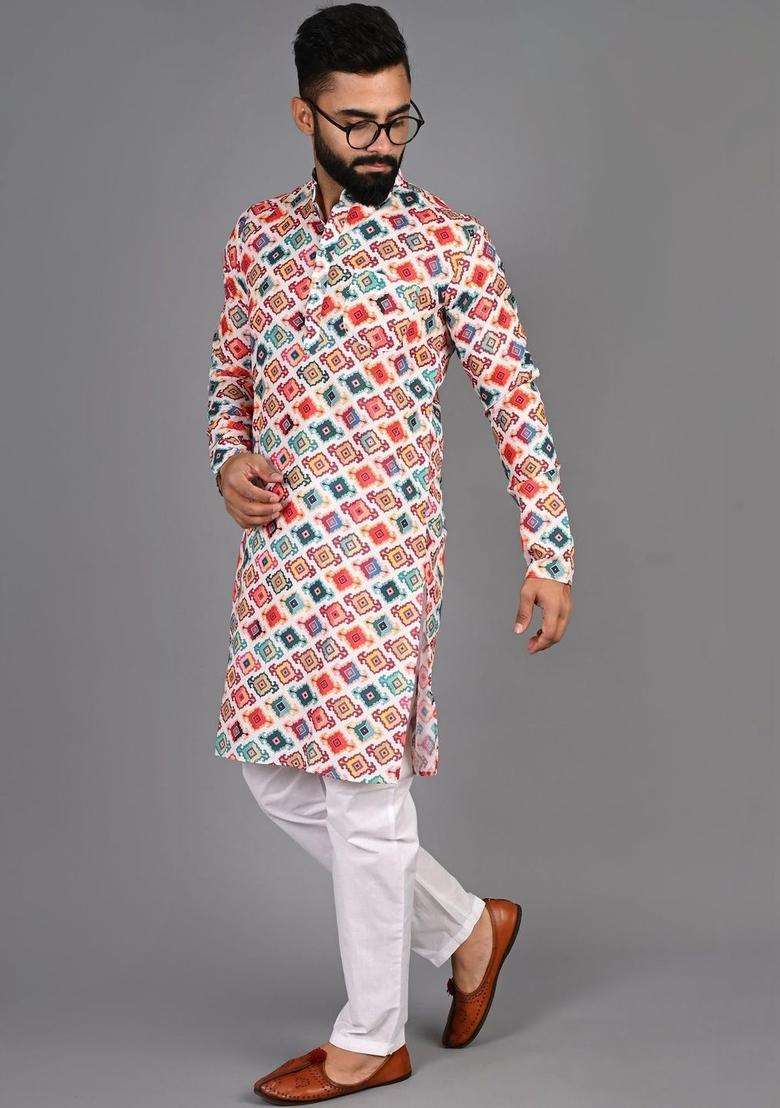 White Printed Cotton Kurta Set For Men - Indya