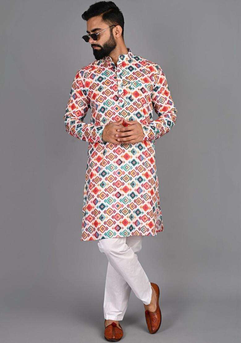 White Printed Cotton Kurta Set For Men - Indya