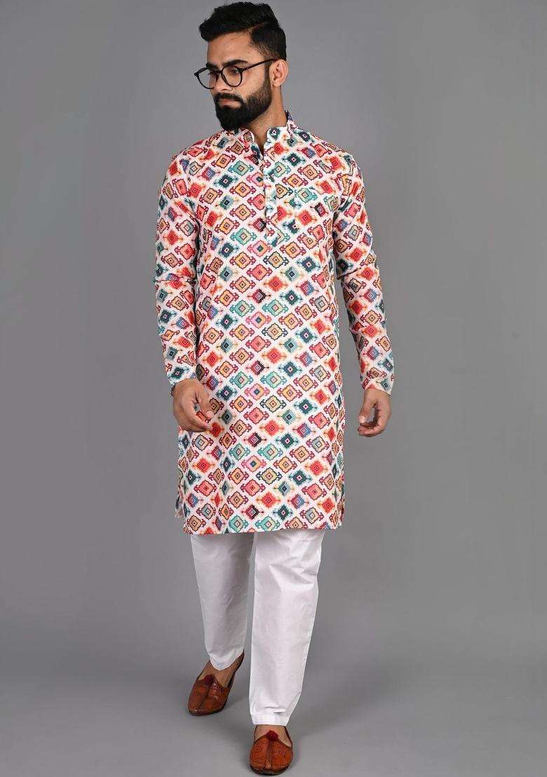 White Printed Cotton Kurta Set For Men - Indya