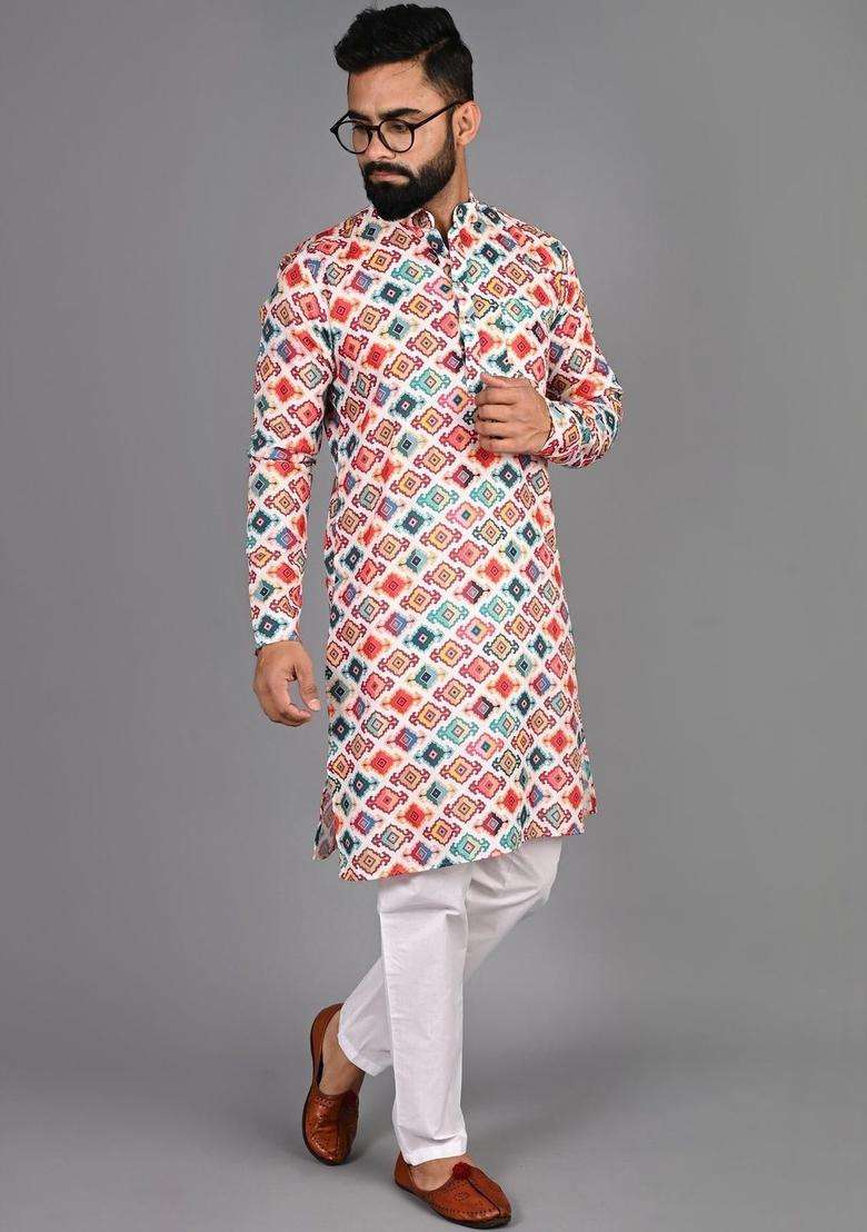 White Printed Cotton Kurta Set For Men - Indya