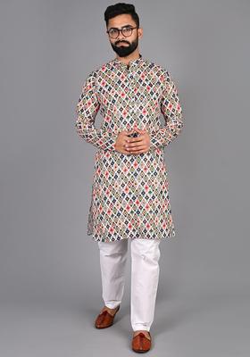 Orange Printed Cotton Kurta Set For Men