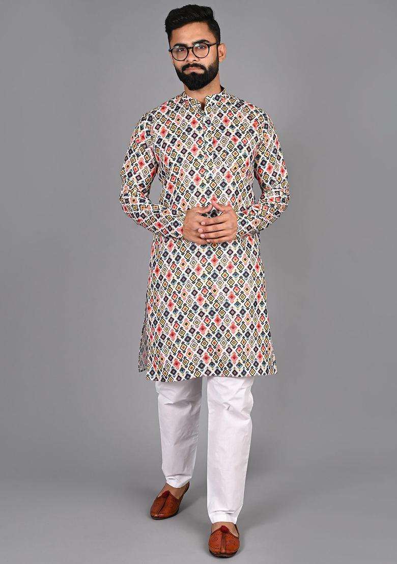 Orange Printed Cotton Kurta Set For Men - Indya