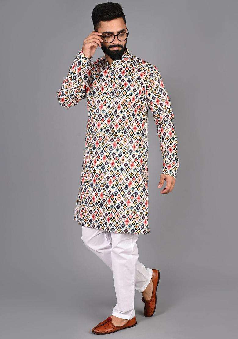 Orange Printed Cotton Kurta Set For Men - Indya