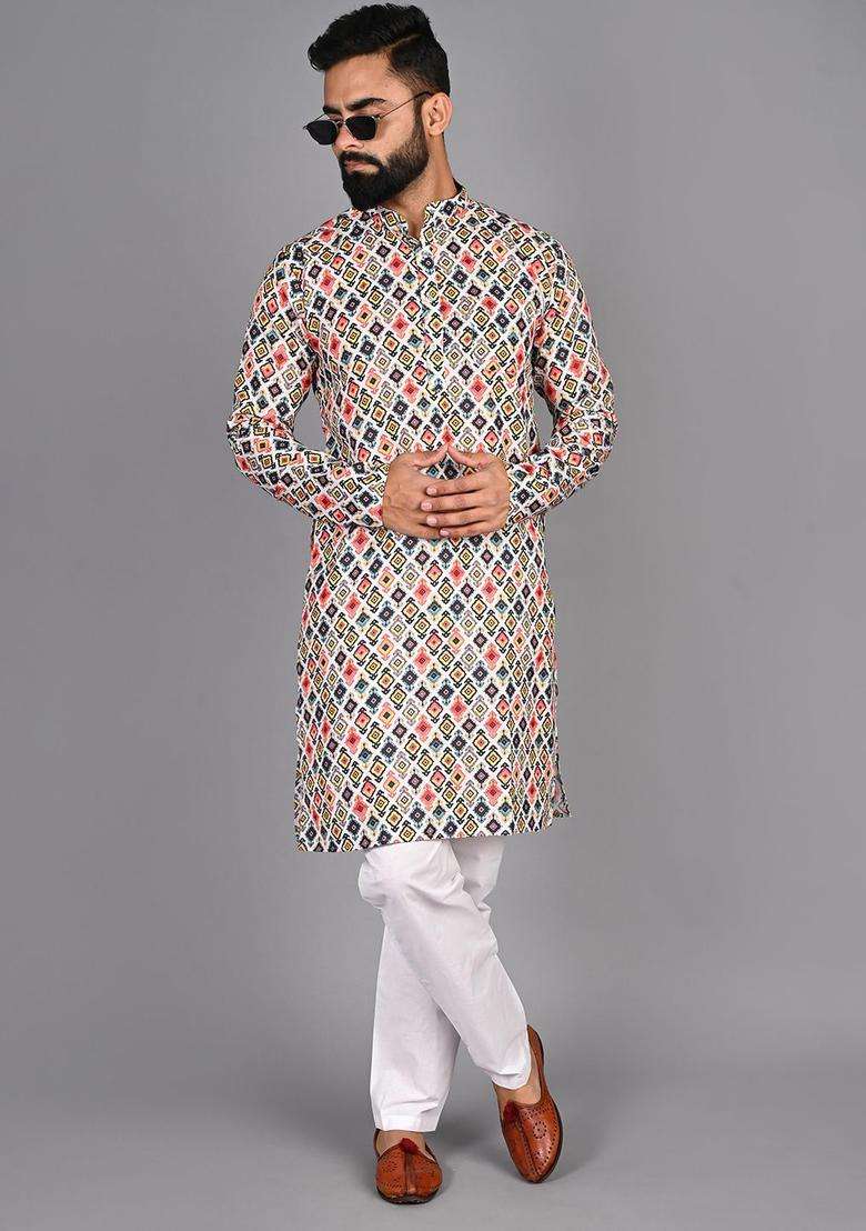 Orange Printed Cotton Kurta Set For Men - Indya