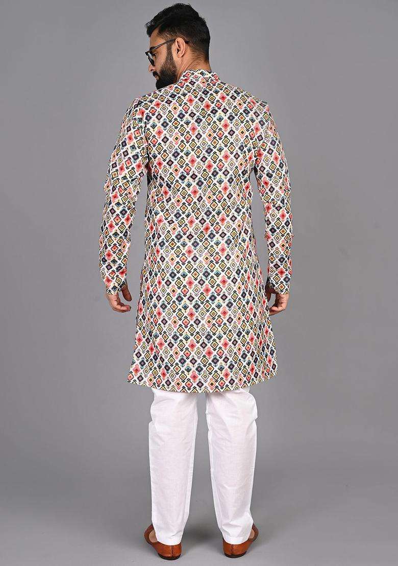 Orange Printed Cotton Kurta Set For Men - Indya