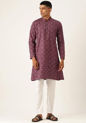 Maroon Printed Cotton Kurta Set For Men