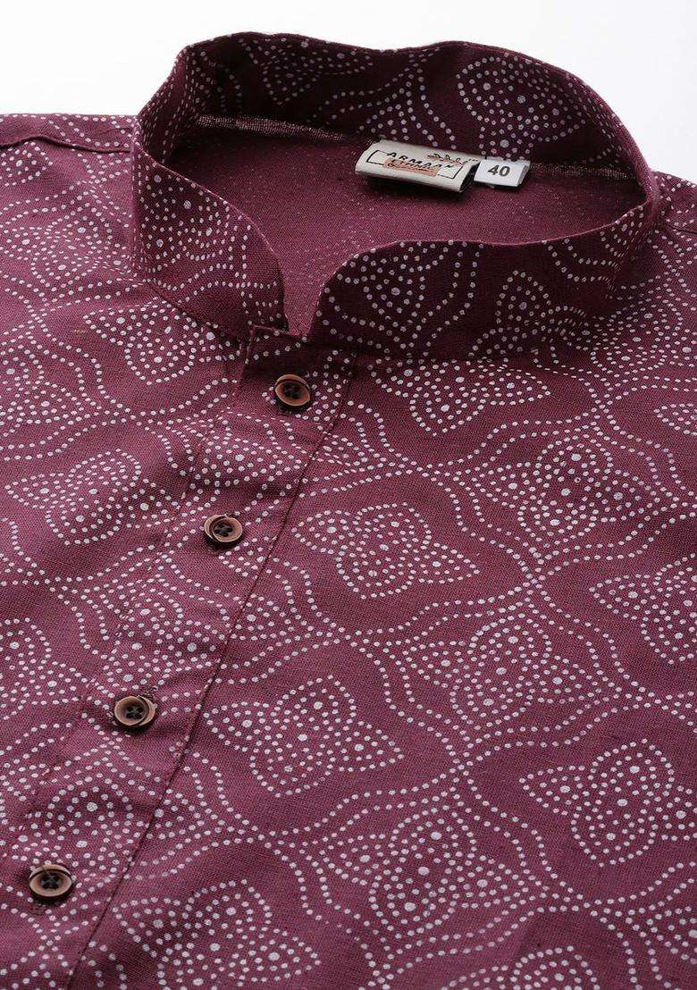 Maroon Printed Cotton Kurta Set For Men - Indya