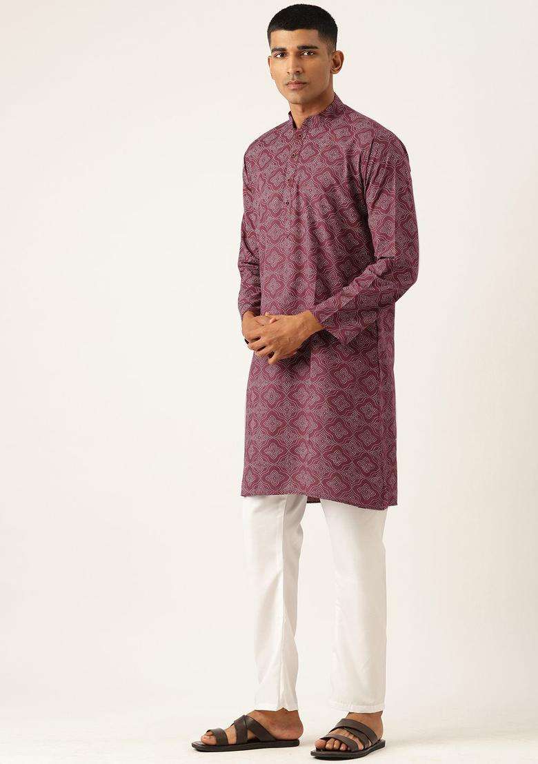 Maroon Printed Cotton Kurta Set For Men - Indya