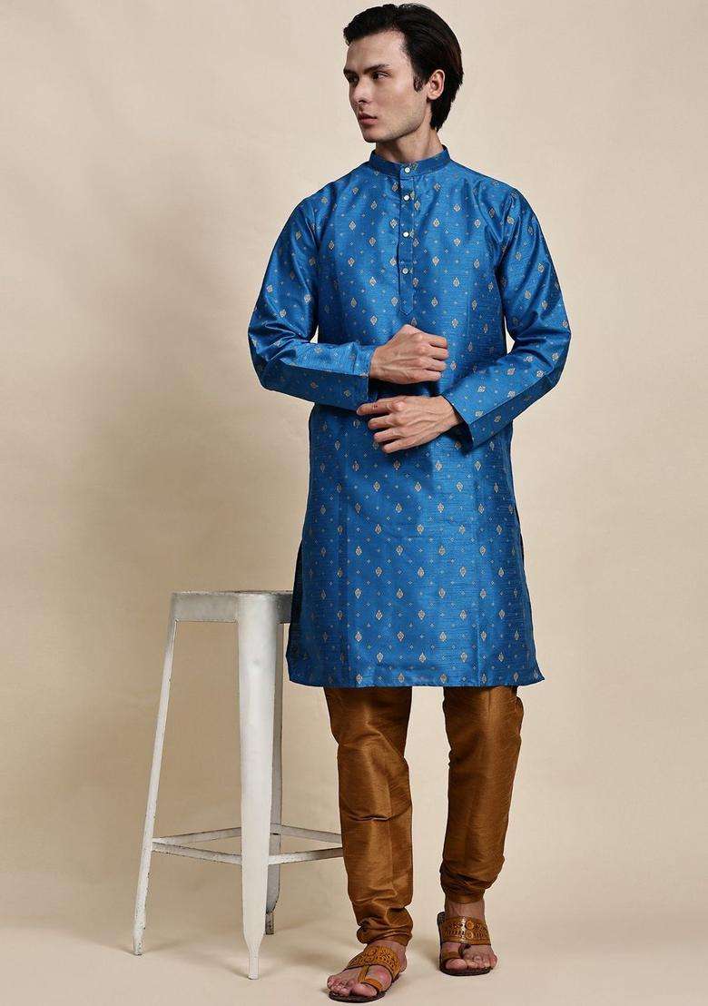 Turquoise Blue Printed Silk Kurta Set For Men - Indya