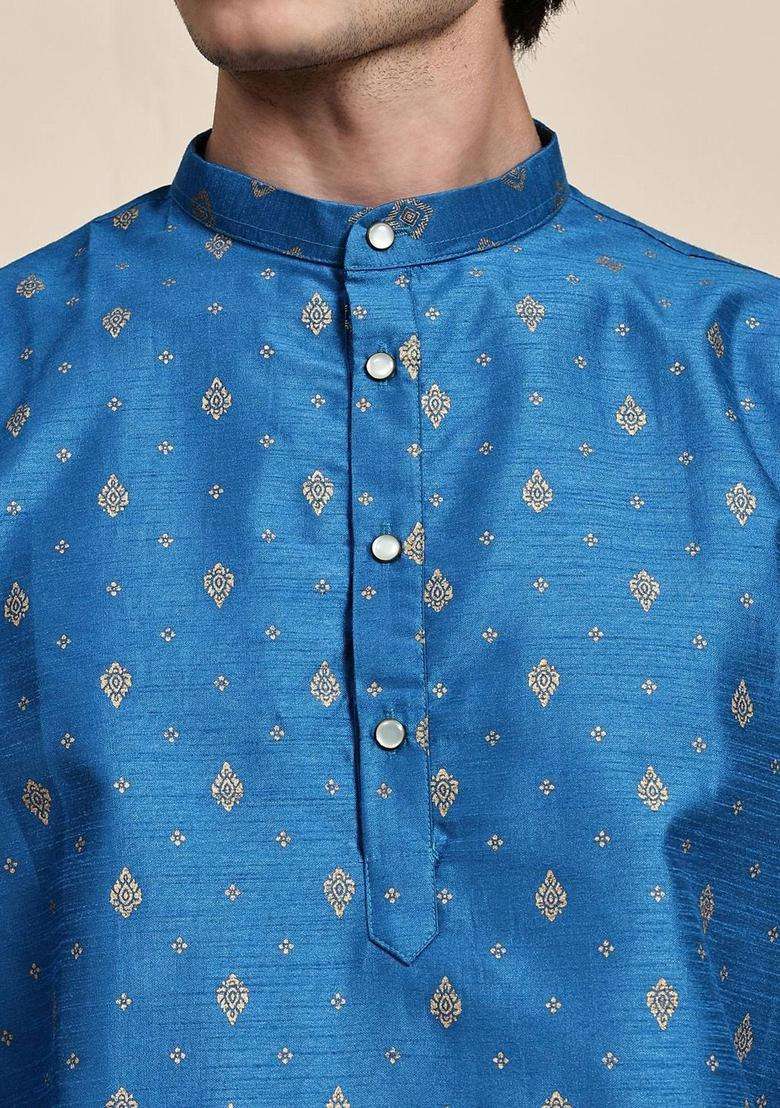 Turquoise Blue Printed Silk Kurta Set For Men - Indya