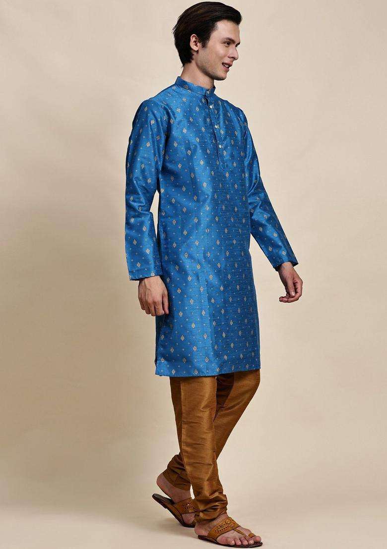 Turquoise Blue Printed Silk Kurta Set For Men - Indya