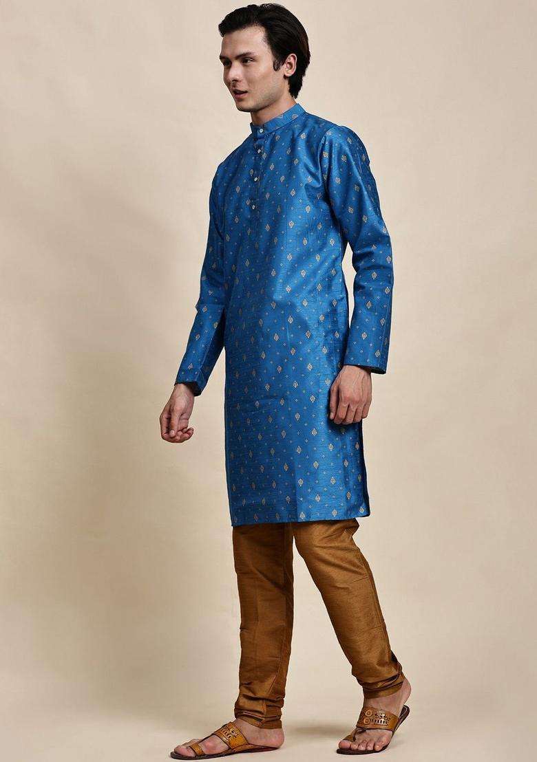 Turquoise Blue Printed Silk Kurta Set For Men - Indya