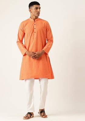 Orange Printed Cotton Kurta Set For Men