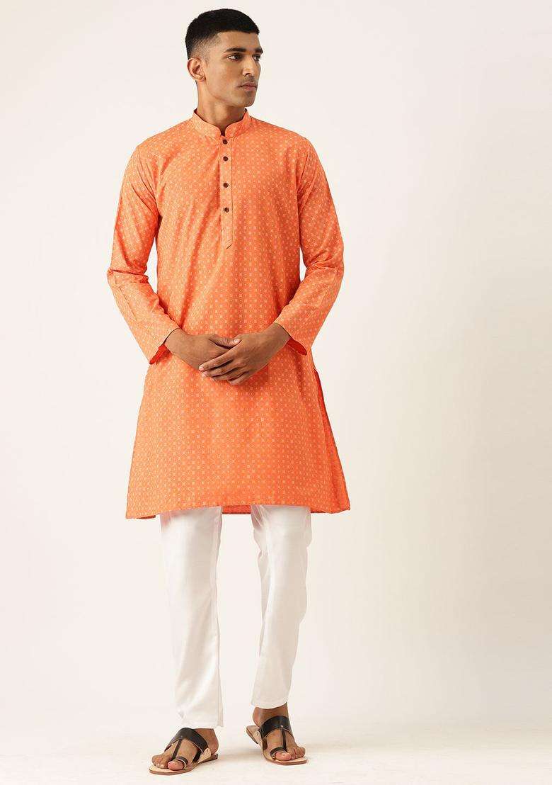 Orange Printed Cotton Kurta Set For Men - Indya