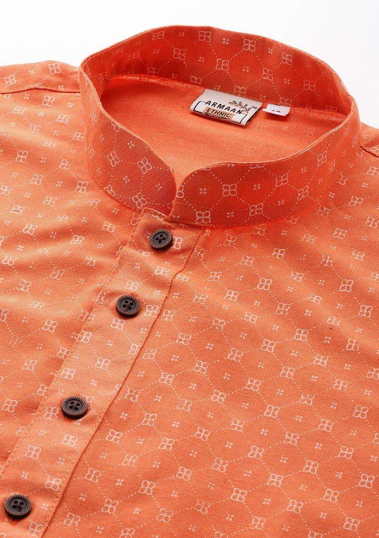 Orange Printed Cotton Kurta Set For Men - Indya